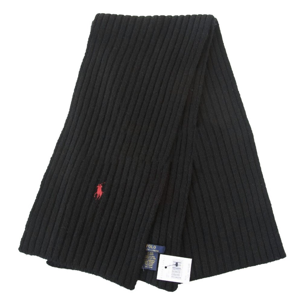 NEW $79 Polo Ralph Lauren Ribbed Scarf Black With Red Signature Polo Player Wool